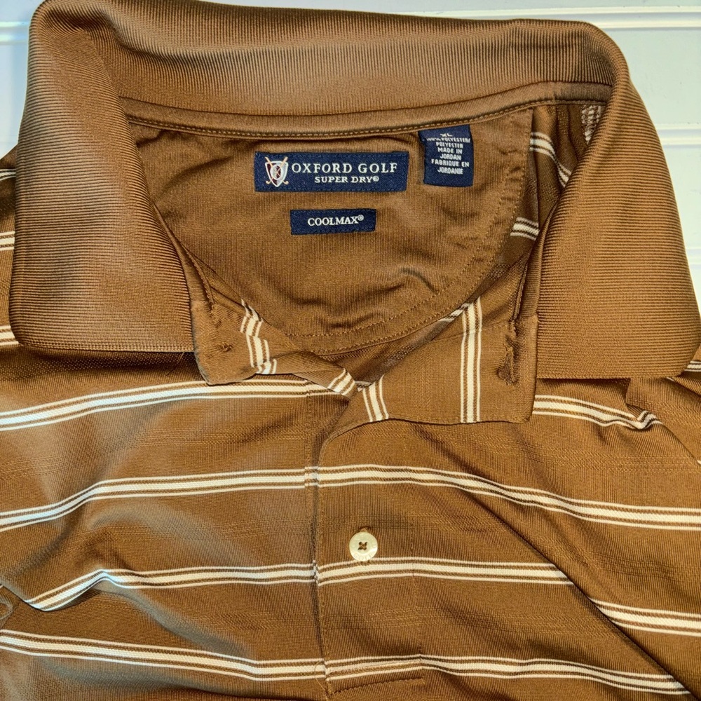 Oxford Golf Men's Sz XL 100% Polyester Brown Striped Shirt Length 31", Chest 25" - Picture 4 of 6